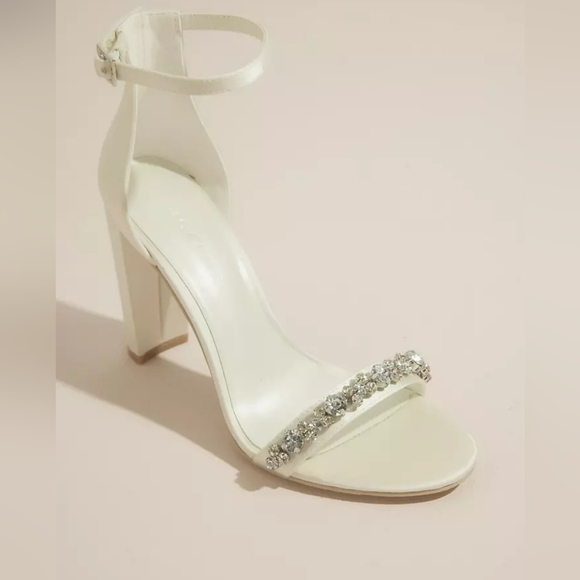 Oleg Cassini Cream Satin Bow Block Heel Sandals with Crystal Strap - Picture 6 of 8